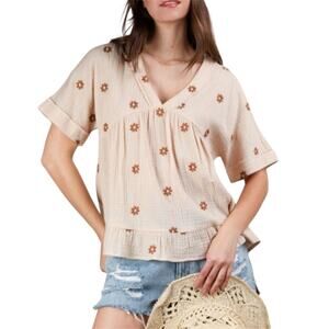 Newin Boho Daisy Embroidered Short Sleeve V-Neck Blouse Womens Medium Beige